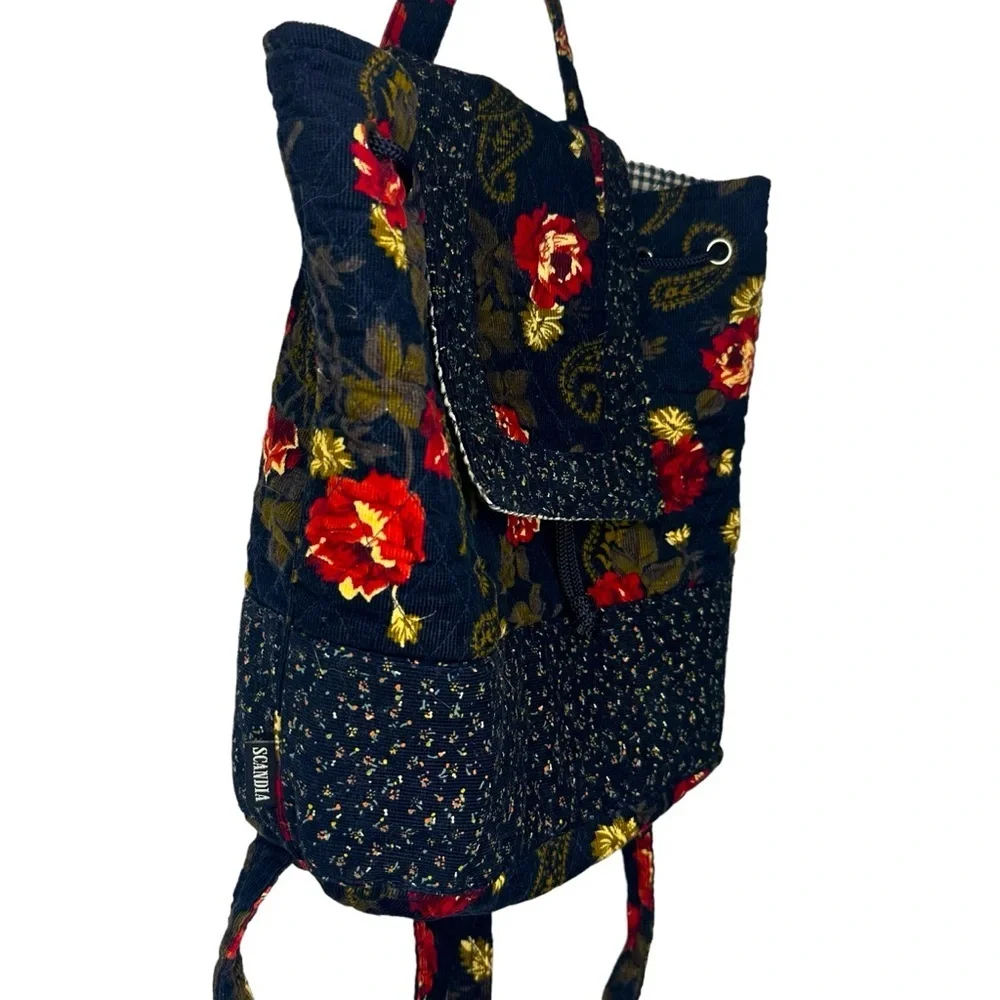 Vintage Scandia Floral Book Bag / Back Pack Black / Red / Yellow Plaid Interior